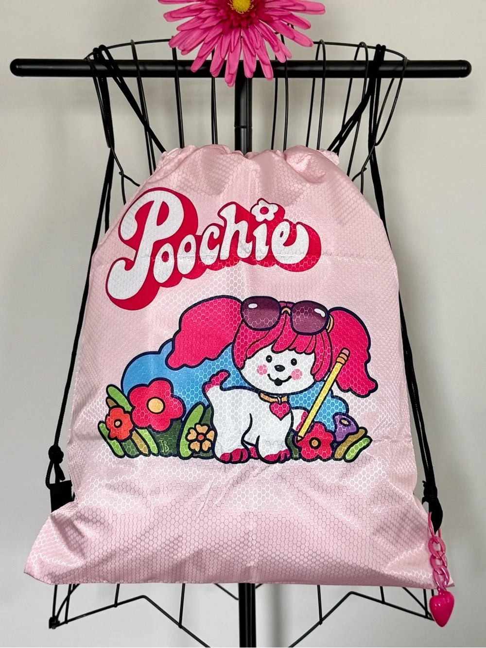 New Poochie Dog Retro 80s Style Backpack Purse Bag w/ Pink Heart Charm 18.5”x16”